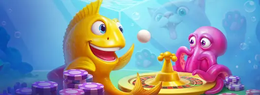 Ein gelber Fisch und ein pinker Oktopus spielen gemeinsam Roulette unter Wasser. Der Fisch lacht begeistert, während der Oktopus konzentriert zusieht. Um sie herum liegen Pokerchips, und im Hintergrund ist ein Kätzchen mit neugierigem Blick zu sehen.